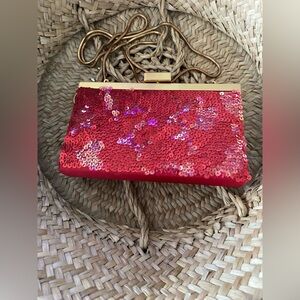 Vintage Jeanne Lottie Red Satin Box Clutch – Gold Snake Chain – GUC *
